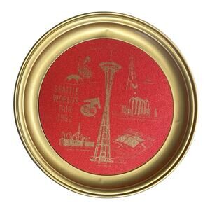 1962 Seattle World's Fair Metal Beer Tray 13 1/2" - Cork Surface Red Gold Tone